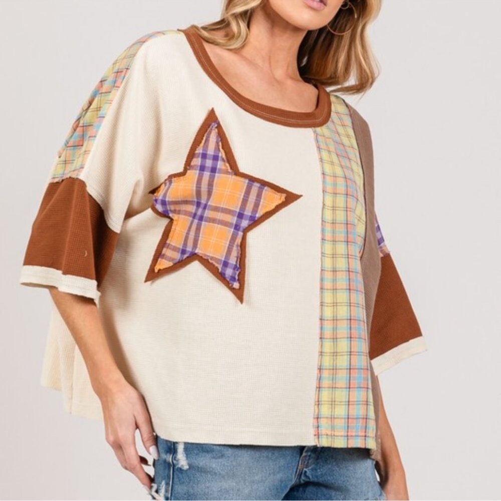 192. NWT Sage+Fig SHORT SLEEVE MULTI CONTRAST STAR PATCHWORK OVERSIZED SHIRT - Picture 8 of 8